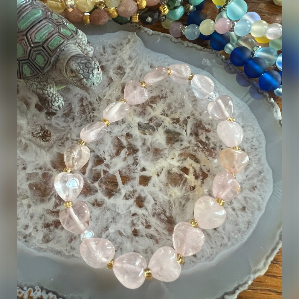 Rose Quartz with Gold Beaded Heart Bracelet